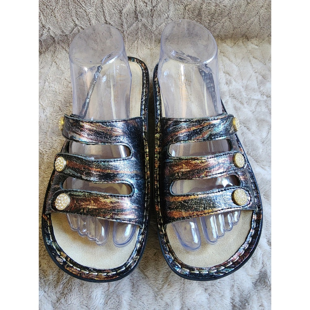 Alegria Fiona Metallic Multi Color Leather Slide Sandals Gold Buttons Size 40